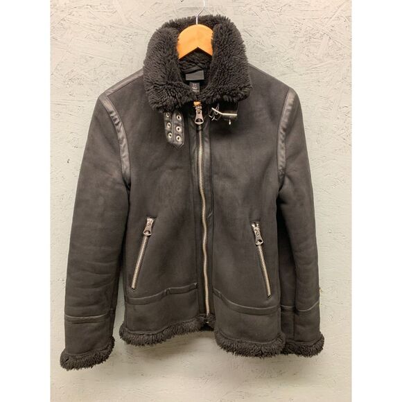 H&M Sherpa Faux Fur Lined Suede Jacket Women’s XS Black‎ Cozy Winter Coat - Picture 5 of 12
